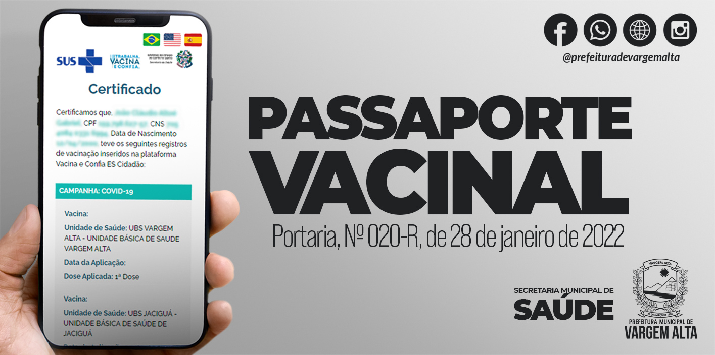 Secretaria de Saúde de Vargem Alta comunica que passaporte vacinal será obrigatório para acessar e permanecer em estabelecimentos